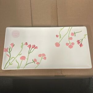 New ceramic hand painted pink flower rectangular platter decorative serving tray